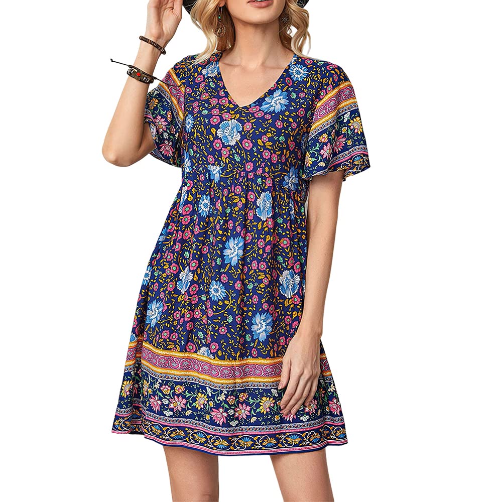 Women's Floral Boho Mini Dress - V Neck Short Sleeve Ruffle Summer Dress for Casual Wear, Beach Vacation, and Outdoor Parties | Lightweight Flowy Dress for Spring & Summer Fashion