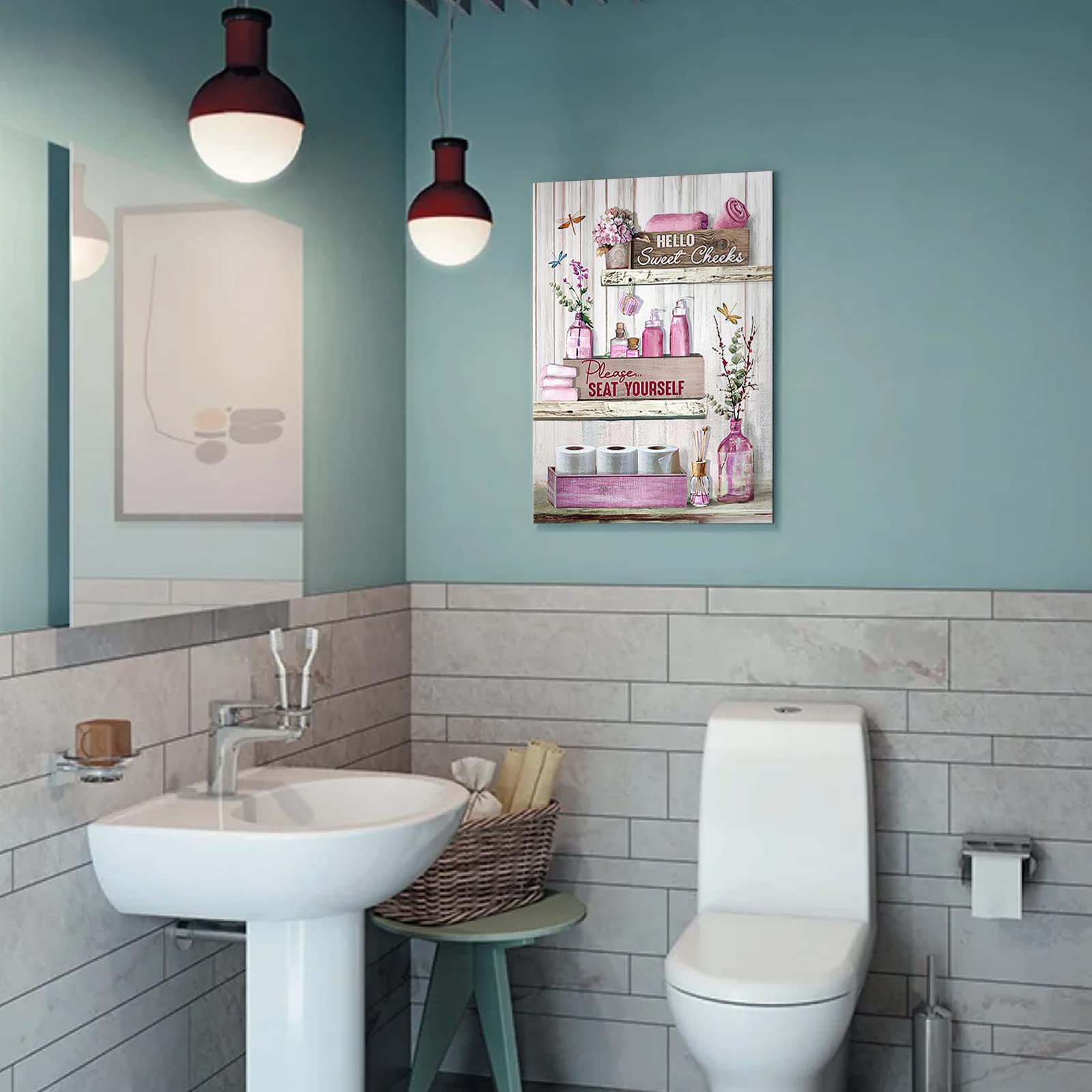 Rustic Bathroom Wall Art - 'Please Seat Yourself' Framed Canvas Print, Pink Modern Home Decor, 16x20 Inch Ready to Hang - Perfect for Bathroom, Powder Room & Farmhouse Style Interior Design