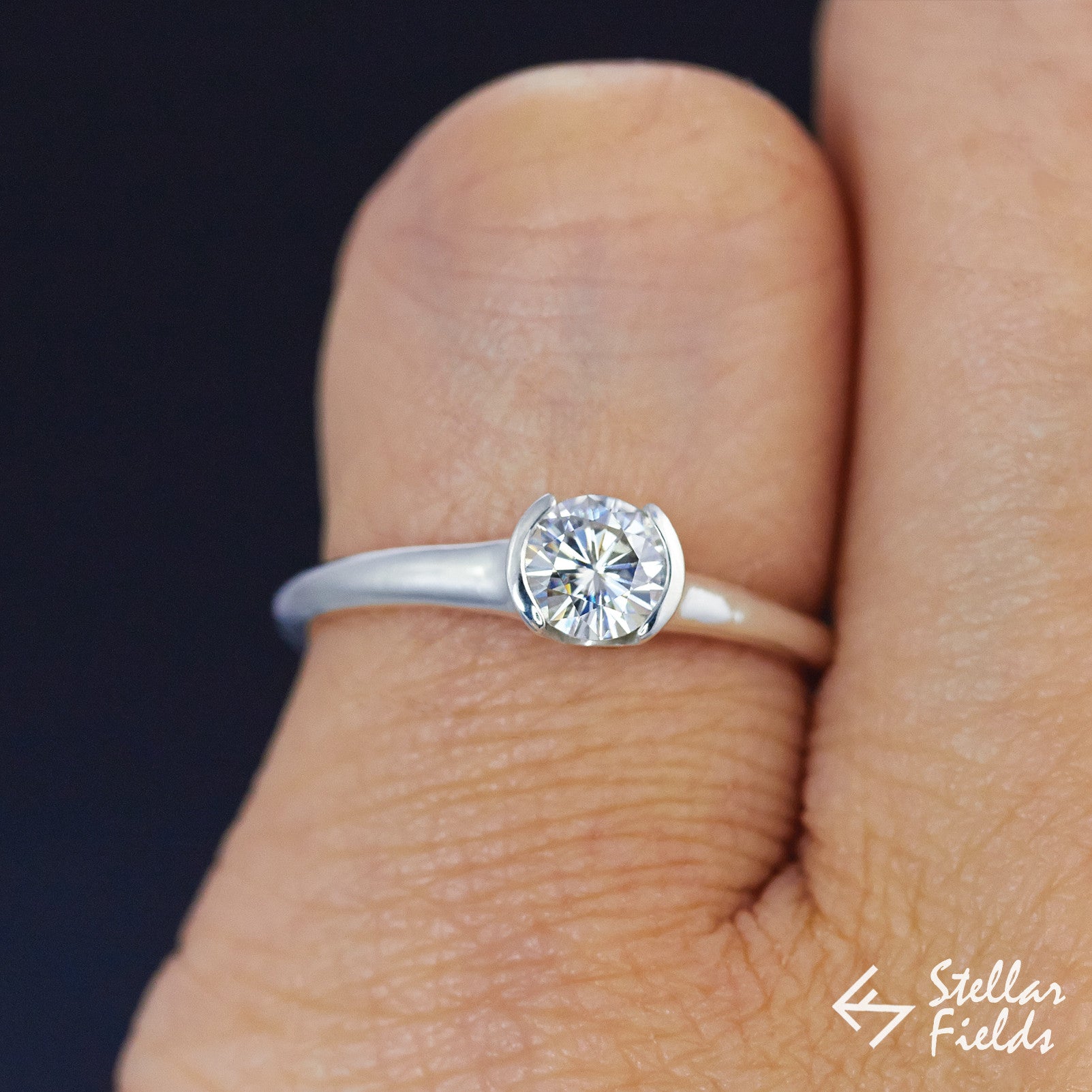 Forever One™ Moissanite Solitaire Engagement Ring - 14K Gold Semi Bezel Setting, Wedding Proposal, Anniversary Gift for Her