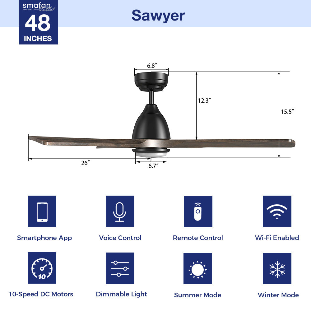 Sawyer 48 Inch Smart Ceiling Fan with LED Light and Remote Control - Indoor/Outdoor Use for Bedroom, Living Room, Patio