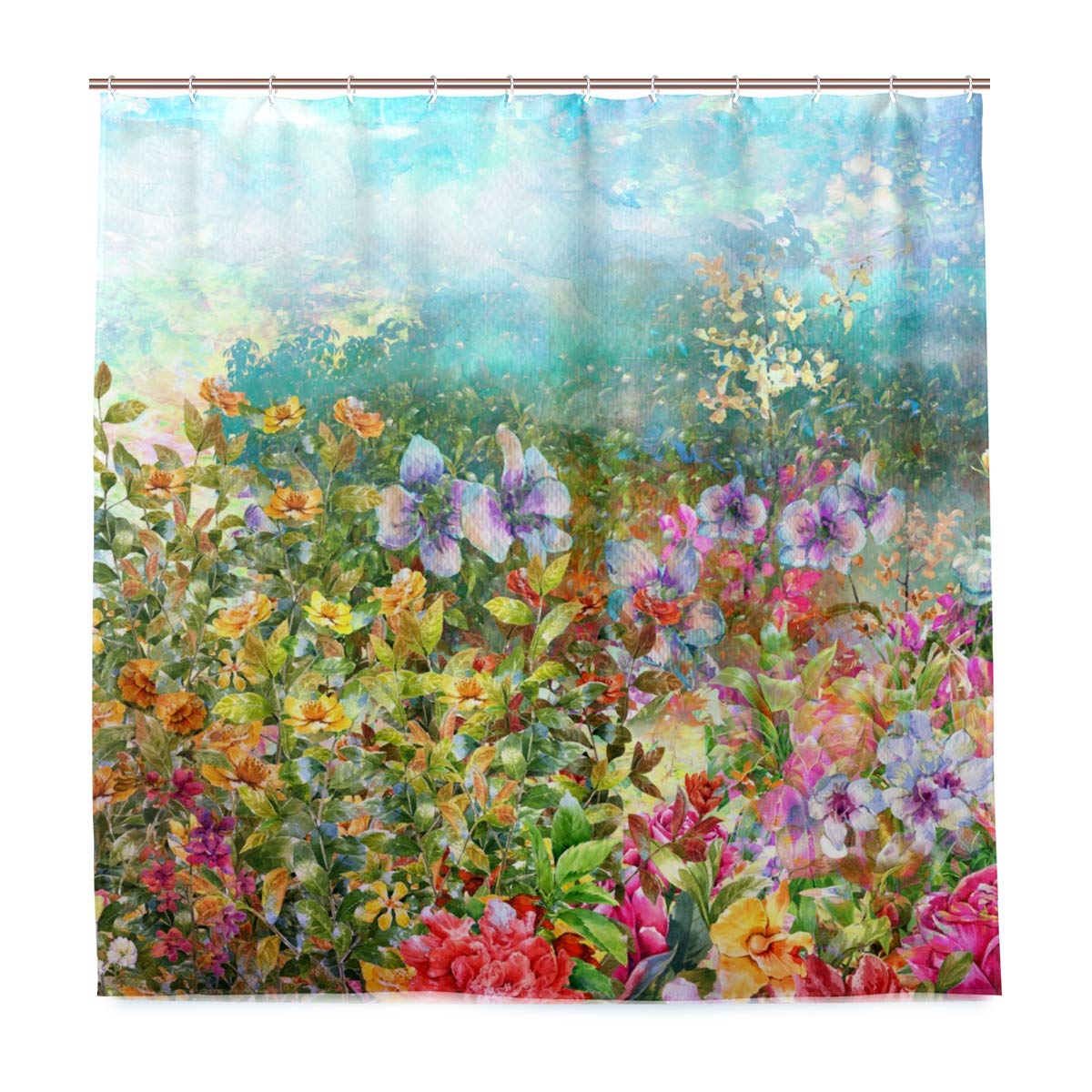 72x72 Inch Waterproof Bathroom Shower Curtain with Colorful Floral Watercolor Design - Machine Washable Fabric with Rust-Resistant Hooks - Perfect for Homes, Hotels & Motels Decor