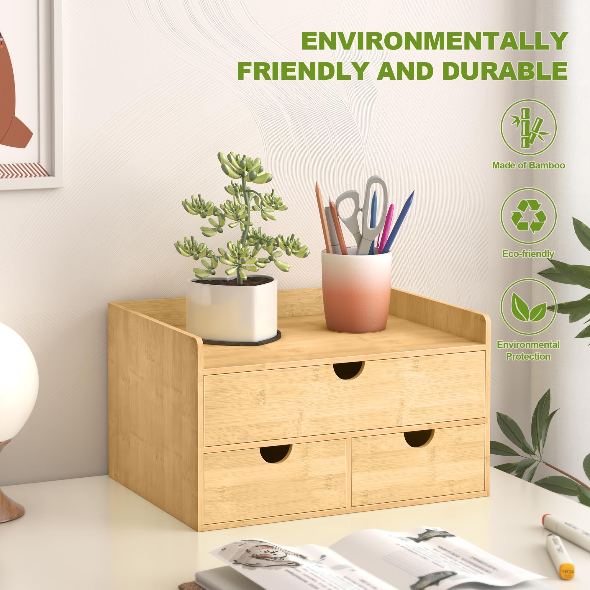 Wisuce Bamboo Desk Drawer Organizer - Large 3-Drawer Desktop Storage Box with Shelf for Office, Home & Vanity | No Assembly Required | Perfect for Organizing Stationery, Makeup & Toiletries Supplies
