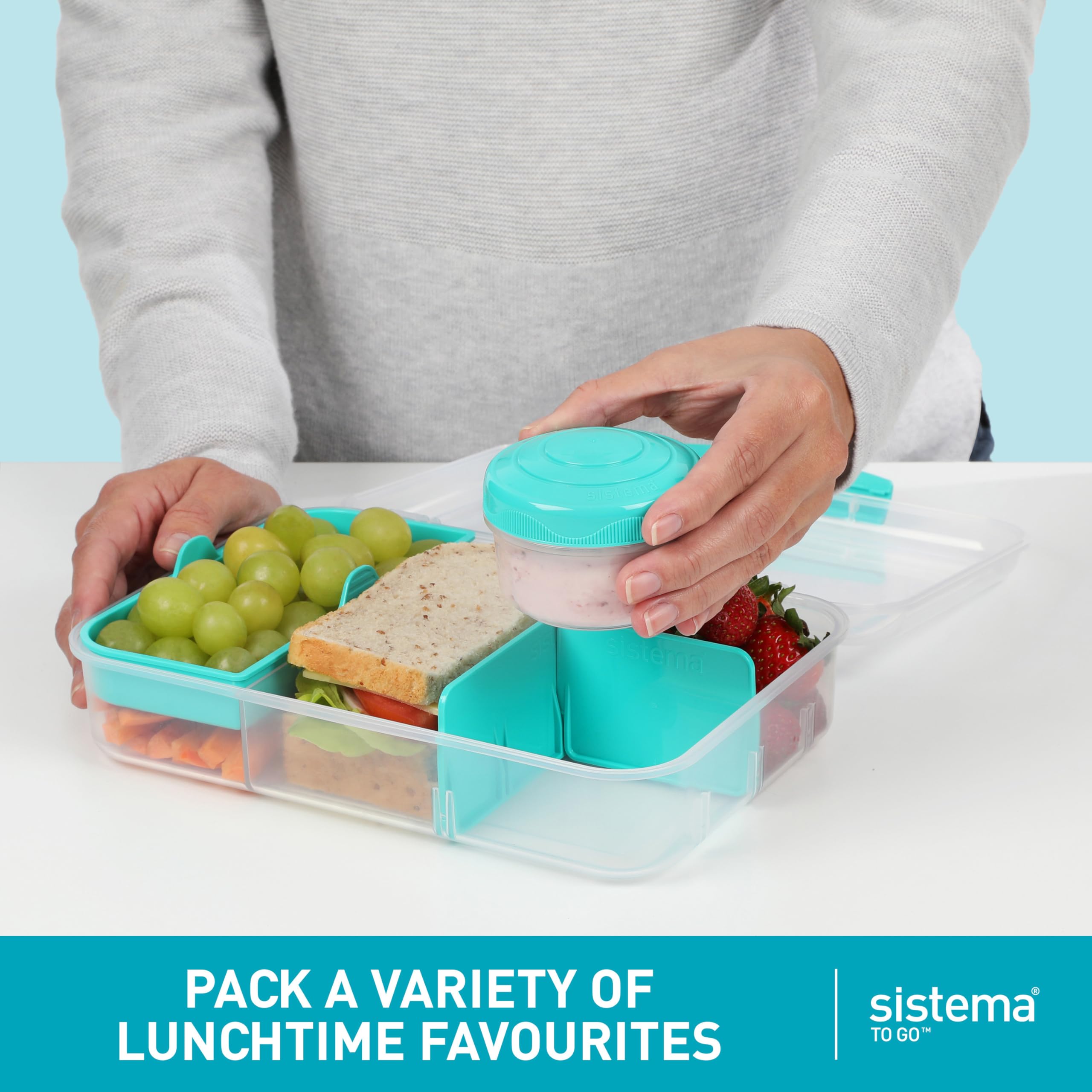 Sistema Bento Create To Go 6-Cup Food Storage Container Bento Box with Lid and Dividers, 2 Pack, Minty Teal - Perfect for Meal Prep, School Lunches & Office Snacks