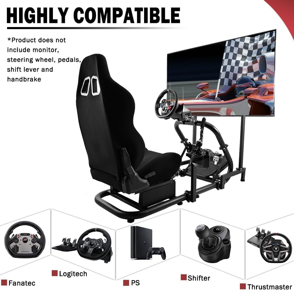 Premium Racing Simulator Cockpit with Ergonomic Seat & Adjustable Monitor Stand - Compatible with Logitech G27/G923/G920, Fanatec & Thrustmaster Wheels - 50mm Heavy-Duty Round Tube Frame (Steering Wheel/Pedals/TV Not Included) - Perfect for Home Gaming, Esports Training & Professional Simulation