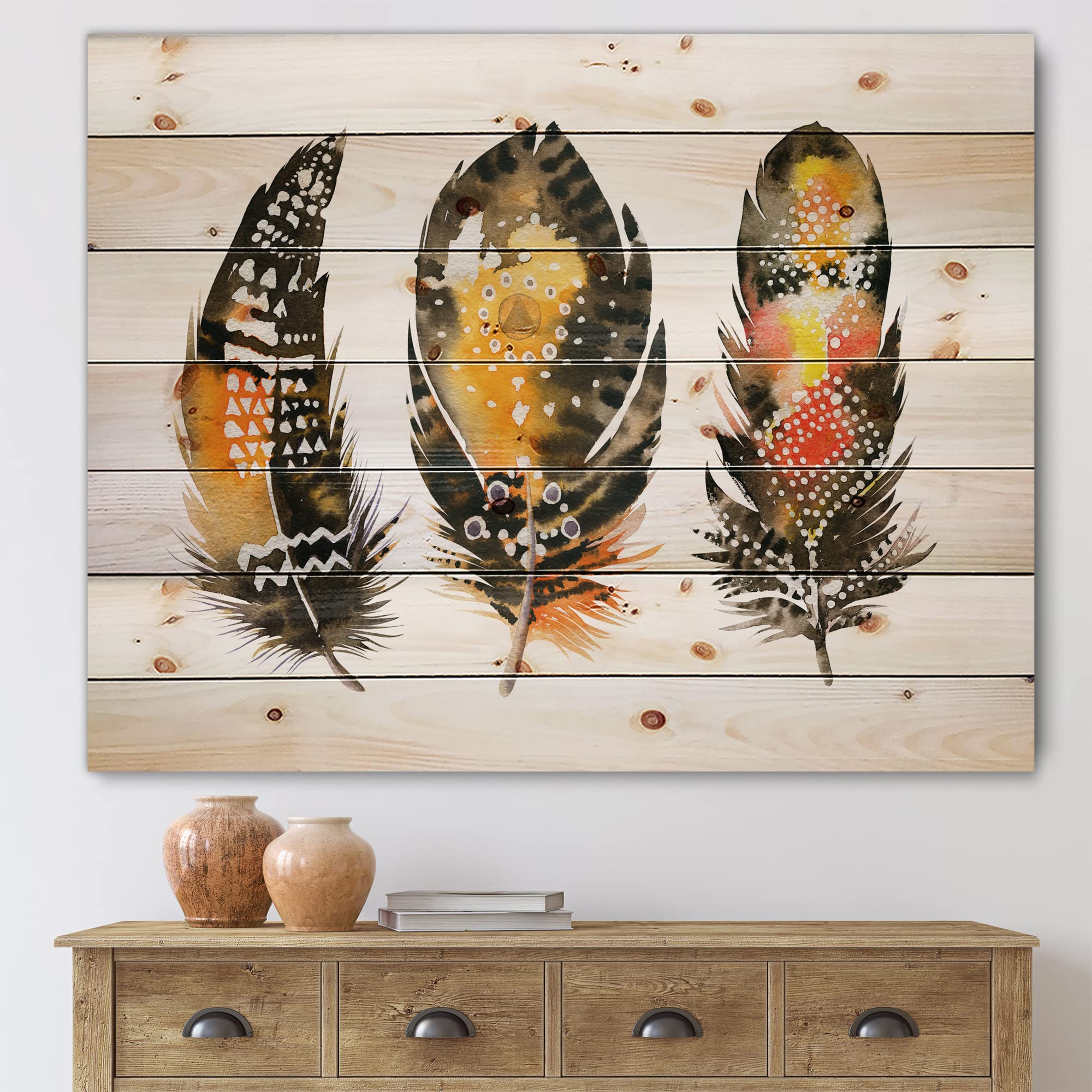 Bohemian Orange Feather Wood Wall Art - Handcrafted Ethnic Boho Decor, Large Animal Print Panels on Natural Pine Wood | Perfect for Living Room, Bedroom & Eclectic Home Decor