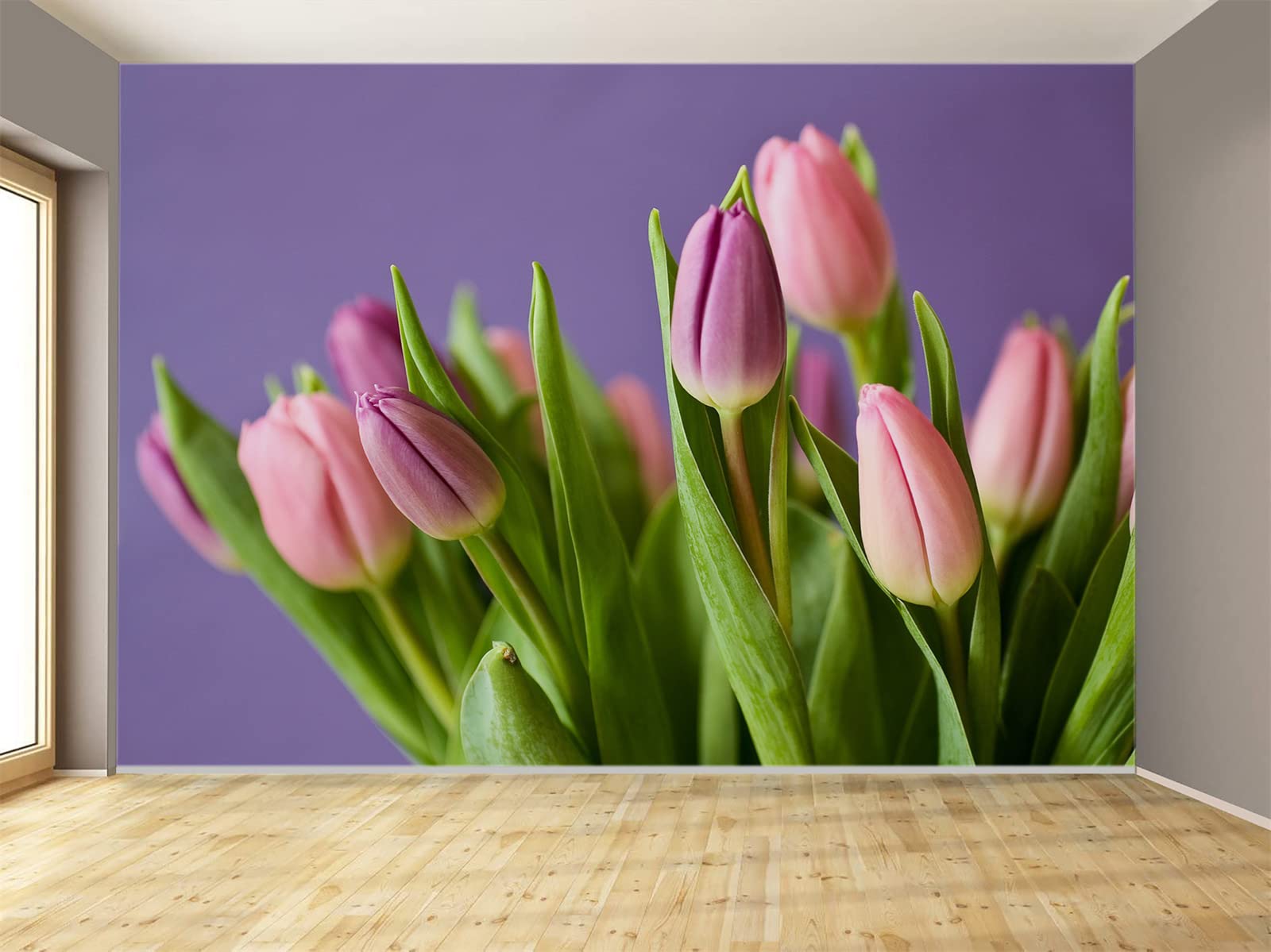 Pink Tulip Flower Wall Mural - Large Removable Wallpaper Sticker for Living Room, Bedroom, Office & Kids Room Decor (59