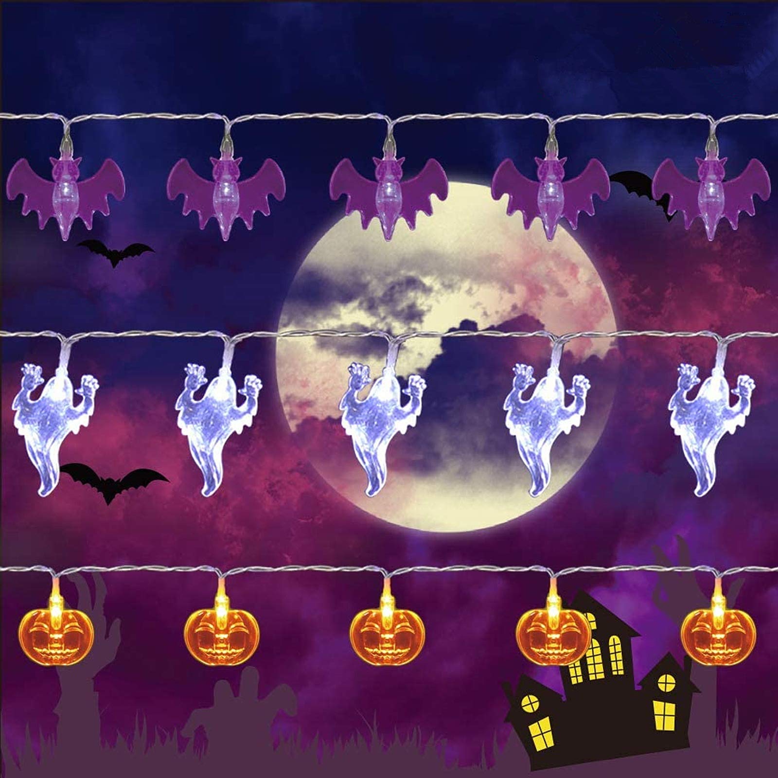 Twinkle Star Halloween String Lights - 90 LED 35.4 FT Battery Operated Indoor/Outdoor Decor (Purple Bat, White Ghost, Orange Pumpkin) for Party, Bedroom, Home, Festival, Christmas, Wedding & Garden Decorations