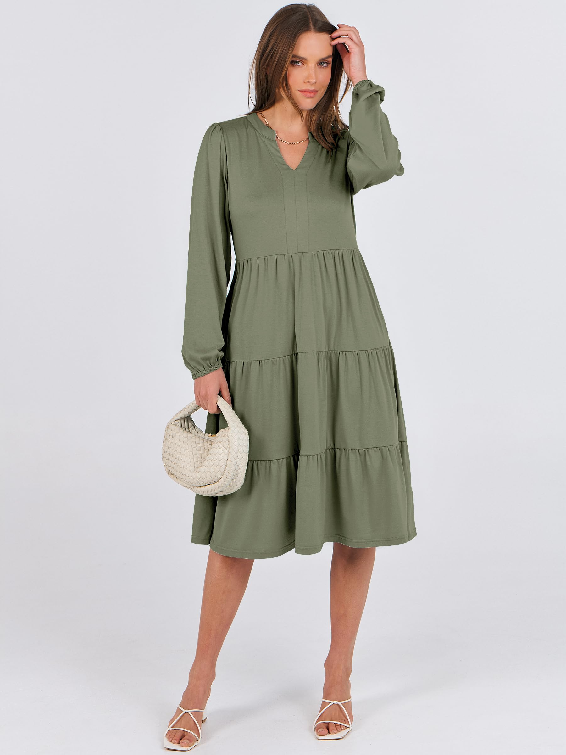 ANRABESS Women's Long Sleeve V-Neck Flowy Swing Dress - Casual Loose Fit Tiered Midi Dress for Spring 2025 | Perfect for Vacation, Beach, Date Night & Everyday Wear