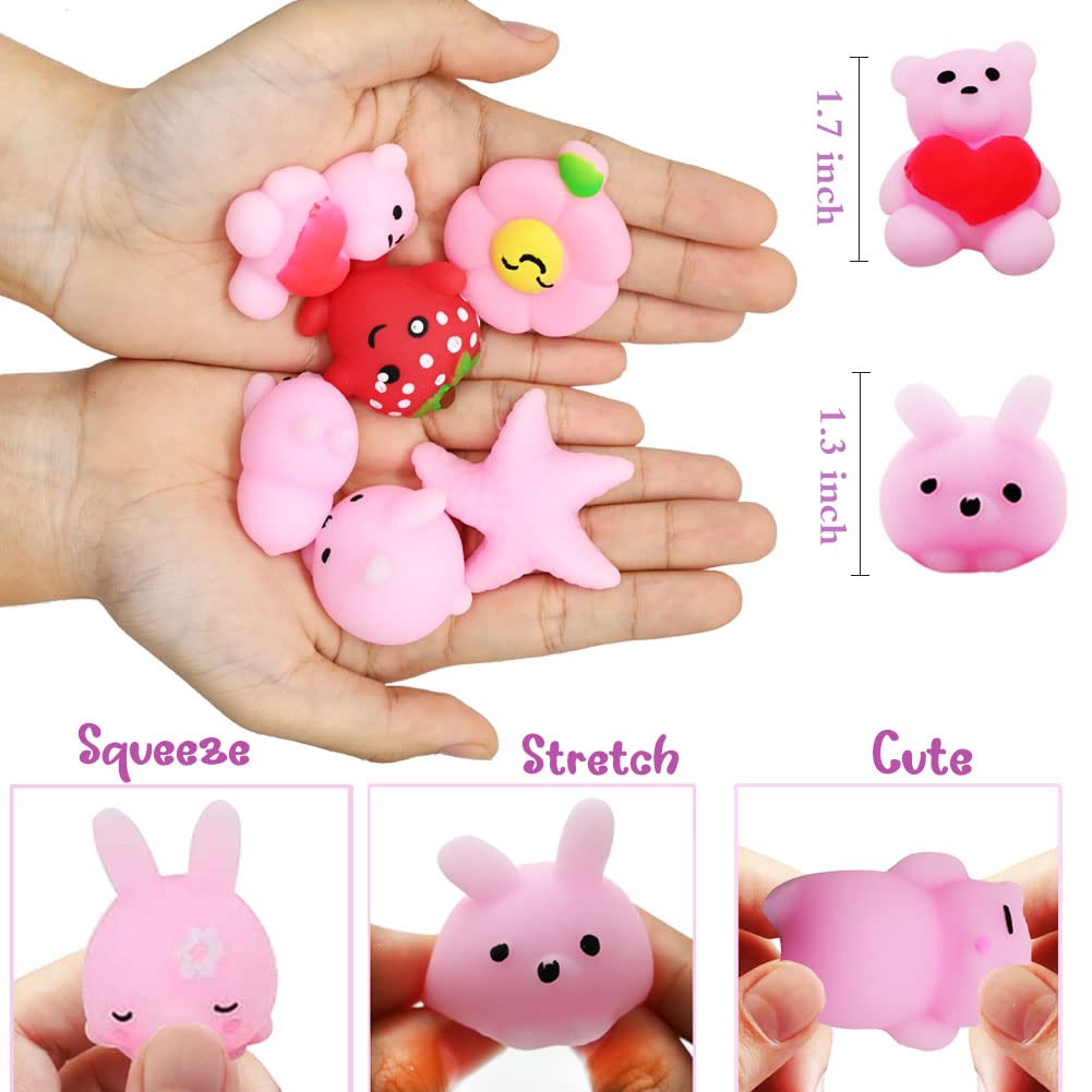 DINESIL 28 Pack Valentine's Day Kawaii Mochi Squishy Toys with Greeting Cards - Mini Animal Stress Relief Toys for Kids, Valentine Exchange Gifts & Party Favors - Perfect for Classroom Rewards, Birthday Goodie Bags & Sensory Play