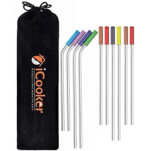iCooker Stainless Steel Reusable Straws - 12-Pack Long Metal Drinking Straws with Silicone Tips & Travel Case - Eco-Friendly, Dishwasher Safe - Perfect for Smoothies, Iced Coffee, Cocktails & Travel