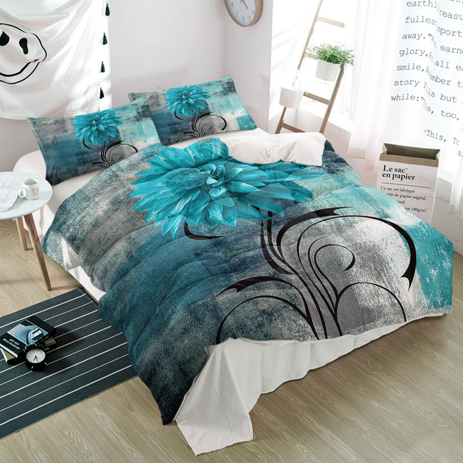 Possta Decor 3-Piece Teal Dahlia Floral Duvet Cover Set with Gradient Oil Painting Design - Soft Microfiber Quilt Cover & Pillowcases - Turquoise Watercolor Flower Bedding Set for Twin Bed - Perfect for Bedroom Decor, All Seasons Comfort & Bohemian Style Home Aesthetics