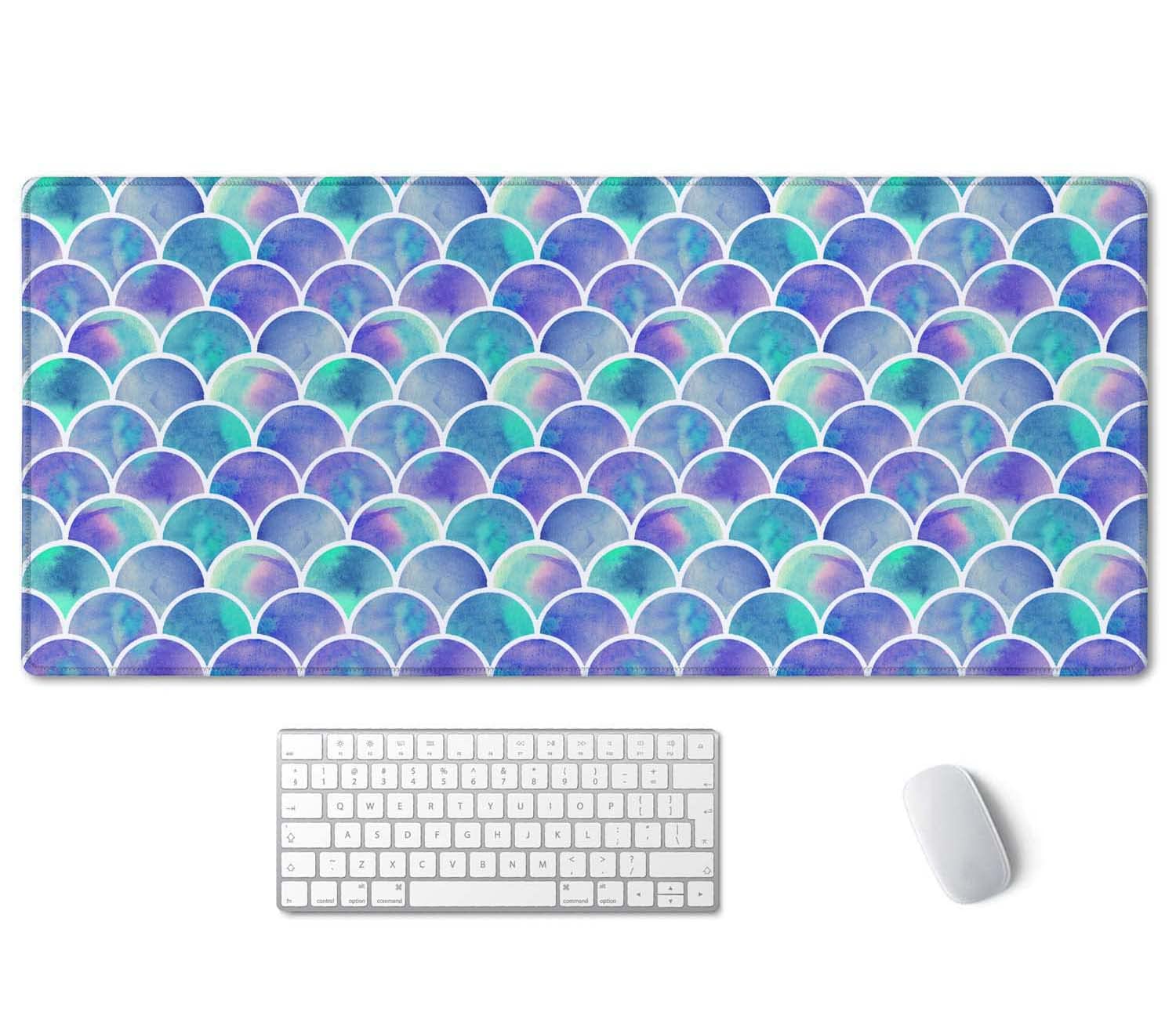 SSOIU Extended Gaming Mouse Pad 35.5x15.7 Inches - Large Non-Slip Rubber Base Desk Mat with Stitched Edges, Waterproof Keyboard Mouse Pad for PC, Laptop, Office & Gaming - Watercolor Mermaid Scale Design - Perfect for Workstations, Esports & Home Office Setup