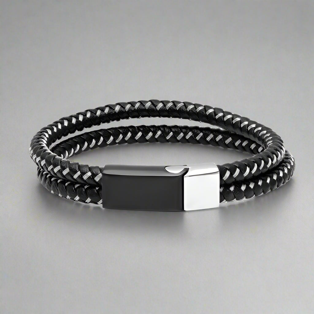 Men's Black Leather & Stainless Steel Wire Braided Bracelet - Stylish & Durable Fashion Accessory for Casual & Formal Wear