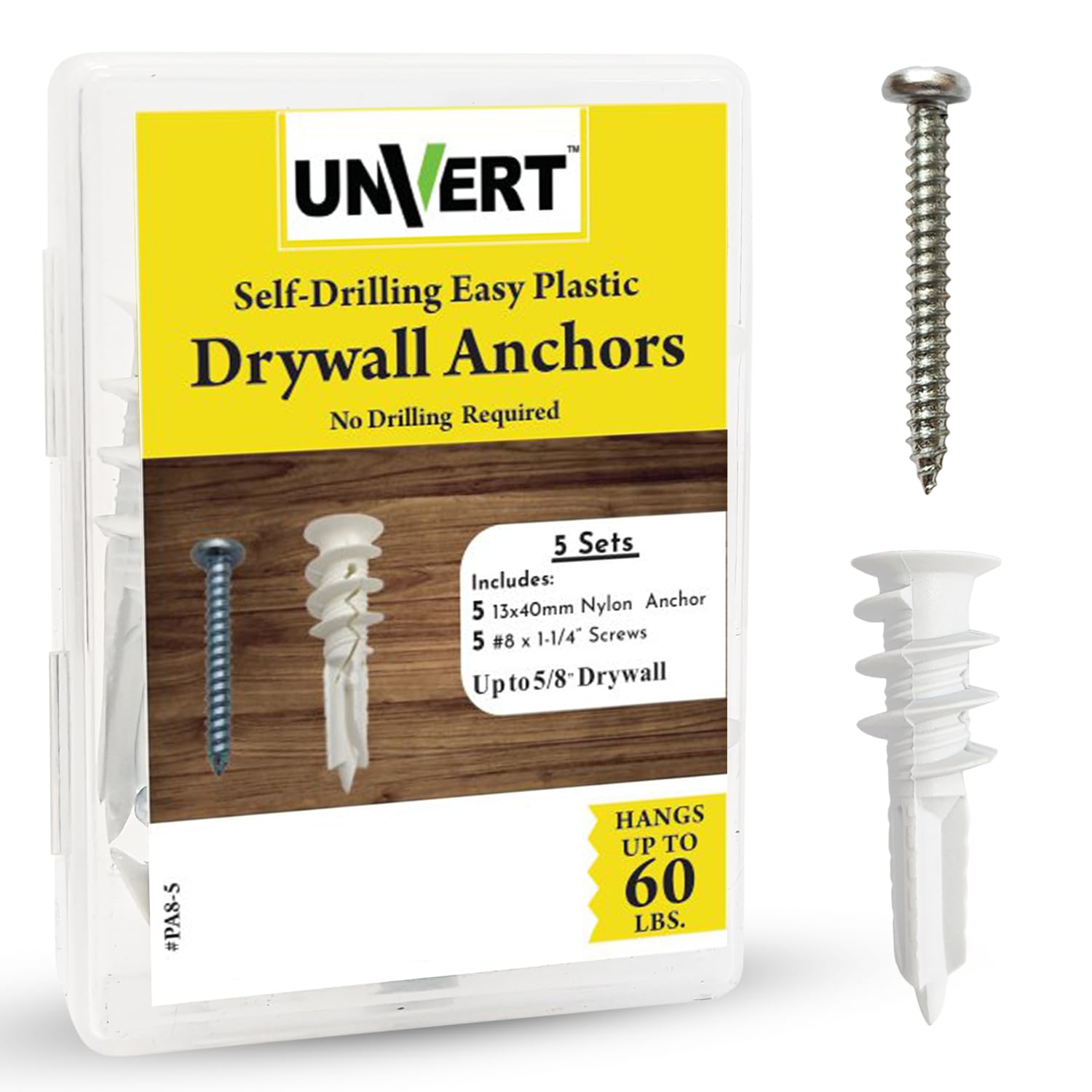 Heavy Duty #8 Drywall Anchors and Screws Kit - 5 Pack Plastic Self-Drilling Wall Anchors for Sheetrock | No Pre-Drill Required | Perfect for Hanging Pictures, Shelves, and Home Decor