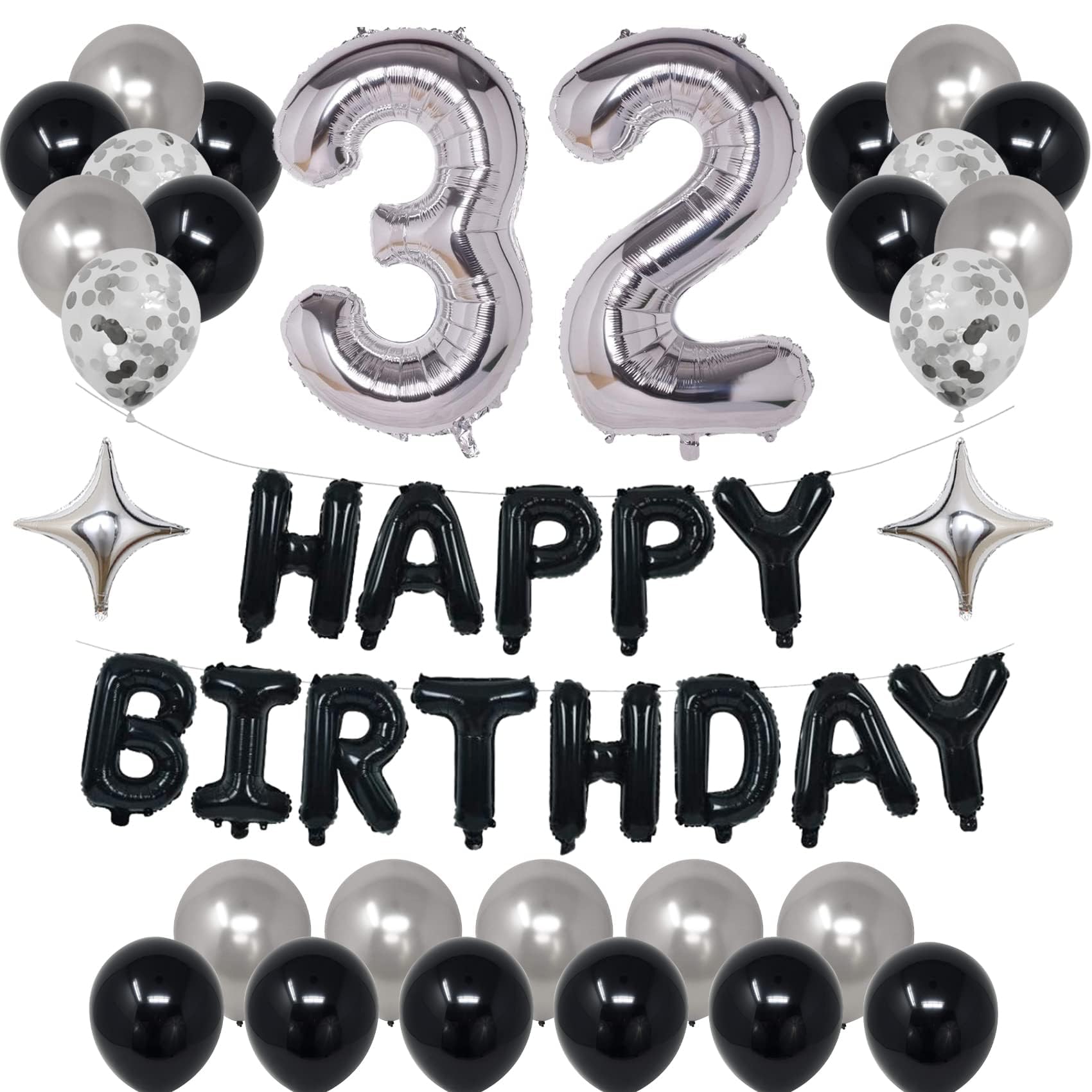 32nd Birthday Party Decorations Set - Black & Silver Theme for Men & Women | Includes Happy Birthday Banner, Foil Stars & Balloons | Perfect for 32nd Birthday Celebrations, Milestone Parties & Adult Gatherings