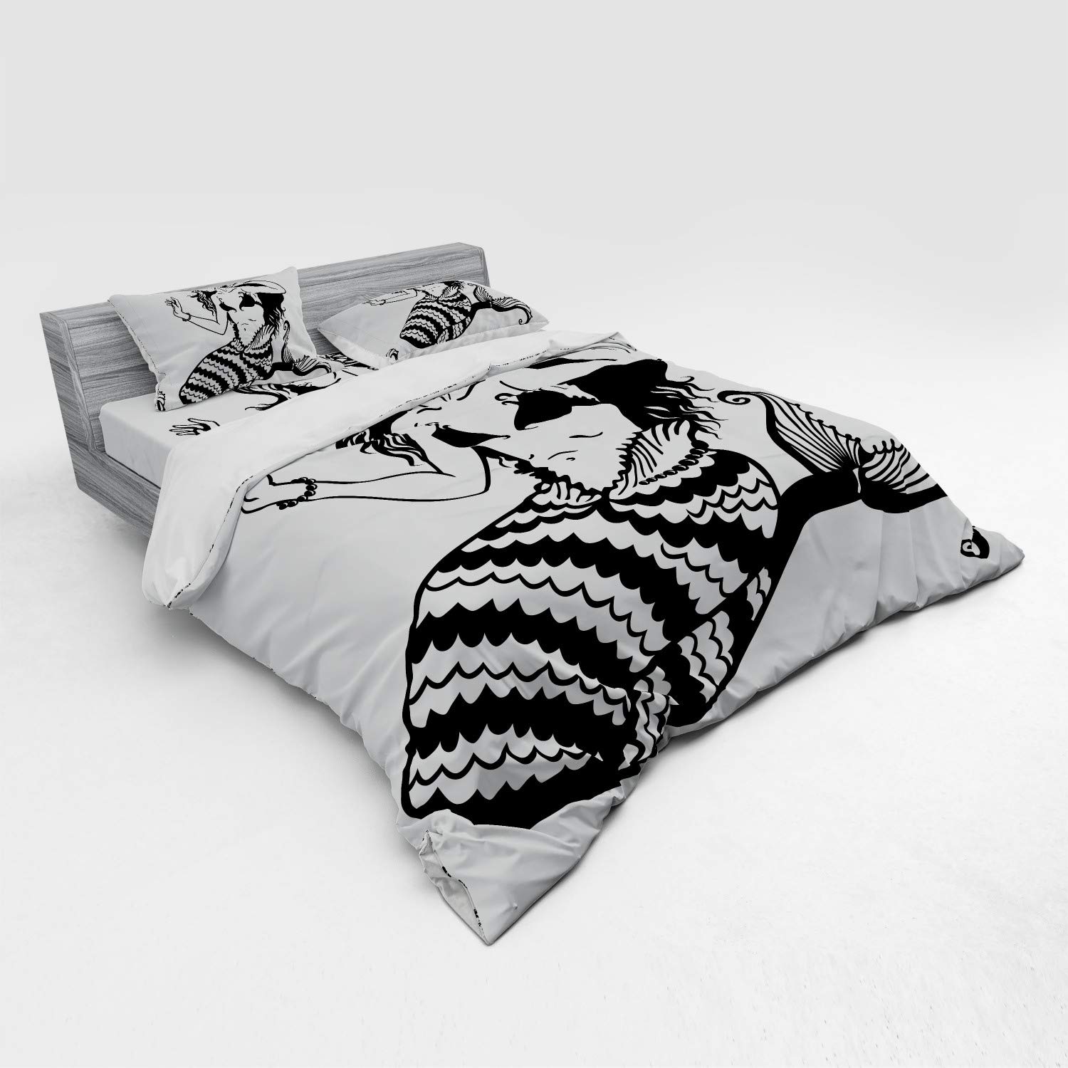 Ambesonne Underwater Mermaid Duvet Cover Set - King Size 4-Piece Bedding with Shams & Fitted Sheet, Monochrome Mythological Art, White & Black - Perfect for Beach Themed Bedrooms & Fantasy Decor