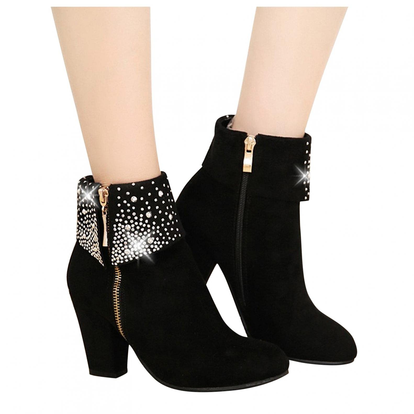Women's Glitter Rhinestone Chunky Kitten Heel Ankle Boots - Round Toe Suede Dress Pump Booties with Side Zip for Wedding Party, Bride & Special Occasions | Fashionable Mid Calf Boots for Evening Events, Date Night & Holiday Celebrations