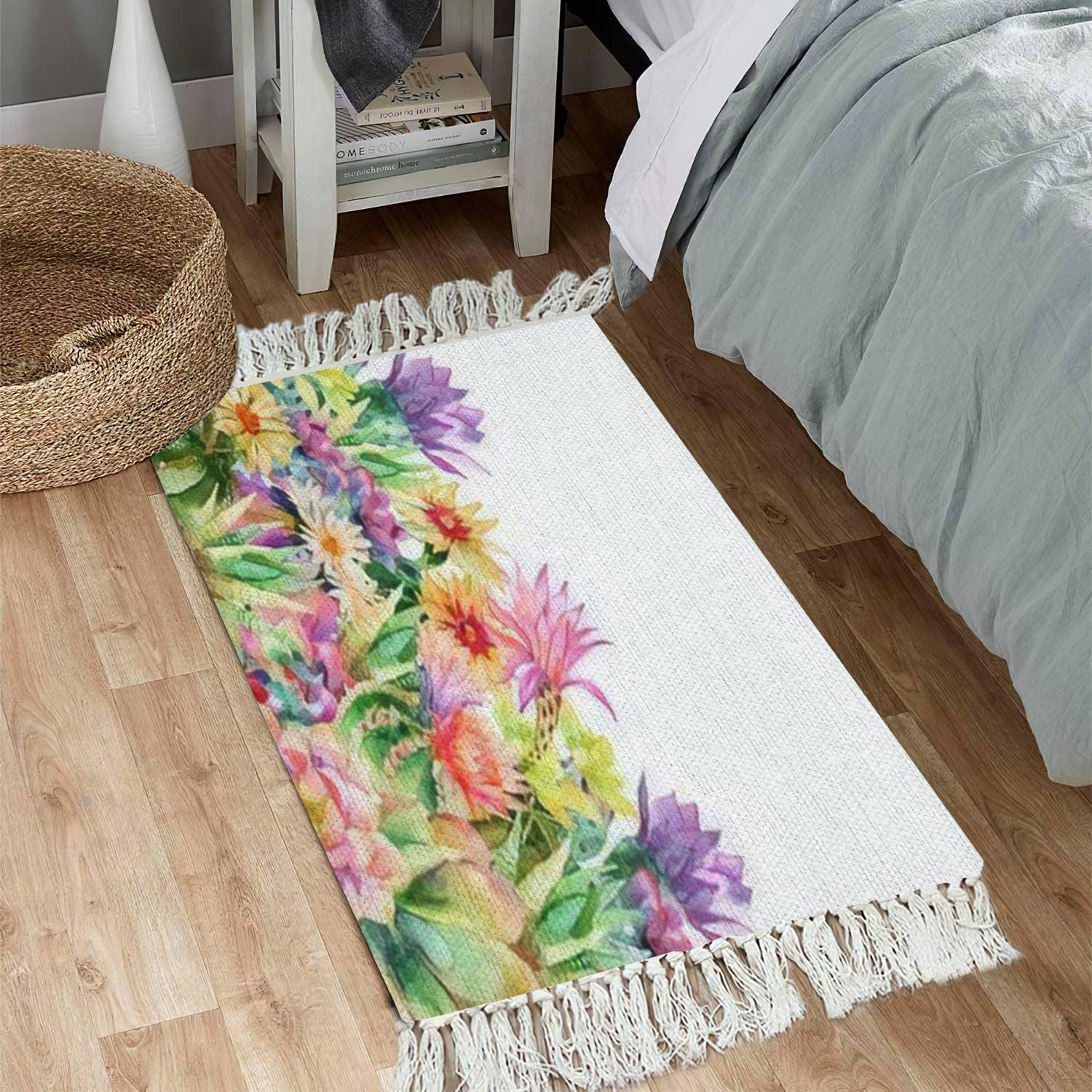 Boho Watercolor Blooming Cactus Area Rug - Exotic Cacti with Flowers Design, Washable Indoor Outdoor Carpet for Living Room, Bedroom, Patio, Hallway | Perfect for Bohemian Home Decor, Minimalist Spaces & Cozy Bedside Mats