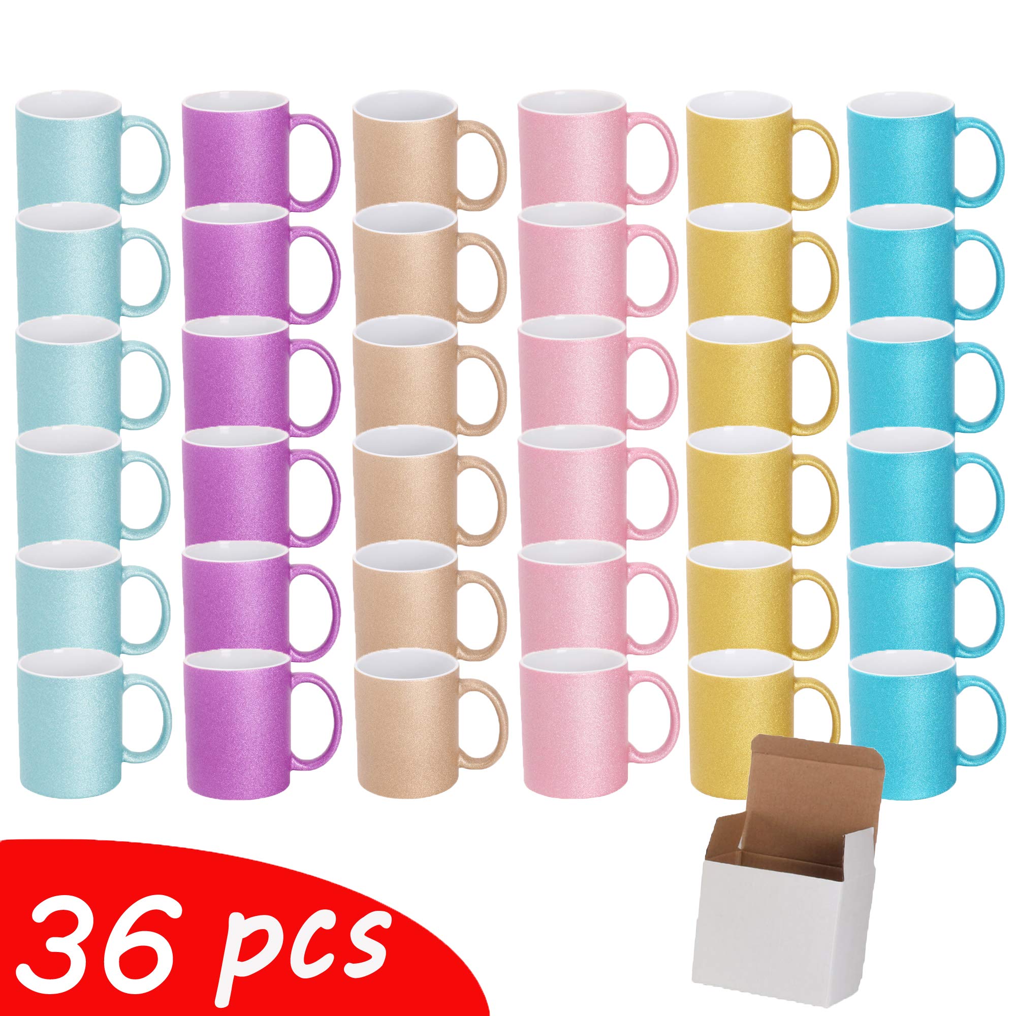 Premium 11oz Ceramic Sublimation Coffee Mug - 6 Glitter Colors (Pack of 36) - White Box Packaging - Perfect for Custom Printing, Gifts & Office Use