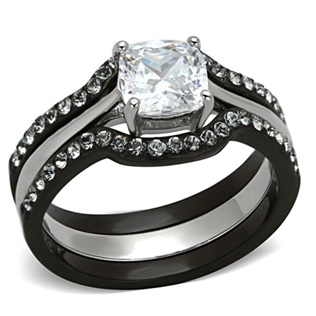 Lanyjewelry 3 Piece Cushion Cut Black IP Two-Tone Stainless Steel Engagement Ring Set for Women - Wedding, Proposal, Anniversary Gift Idea - Perfect for Bridal Jewelry & Special Occasions
