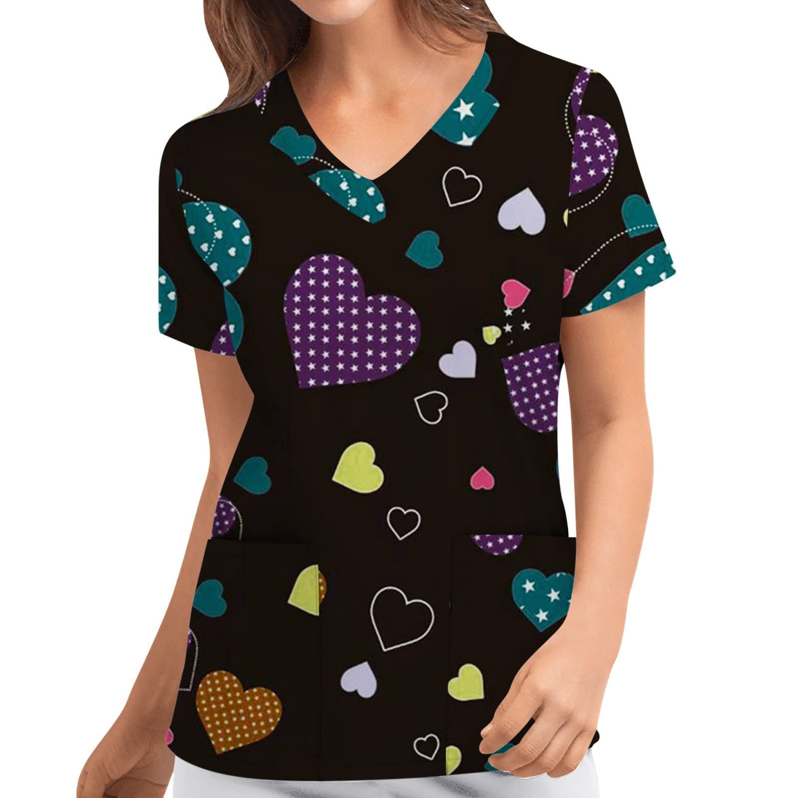 Women's Casual Short Sleeve V-Neck Work Blouse with Printed Pockets - Valentine's Day Office Outfit, Business Casual Shirt for Women, Perfect for Work, Dating & Special Occasions