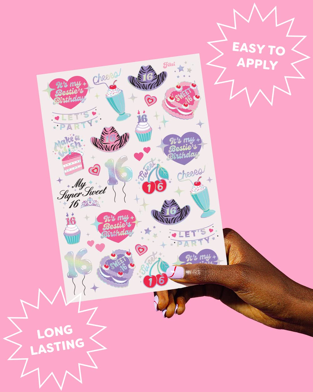 Fetti Sweet 16 Birthday Temporary Tattoos - 42 Metallic Styles for 16th Birthday Party Decorations | Bday Girl Gift, Sweet Sixteen Party Favors, Goodie Bag Fillers | Perfect for Birthday Celebrations, Teen Parties & Special Occasions