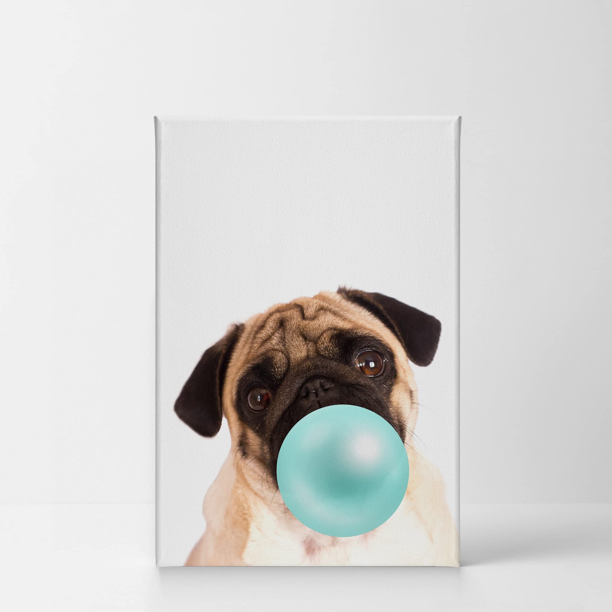 Cute Pug Dog Bubble Gum Pop Art Canvas Print - Teal Blue Wall Decor for Kids Room, Nursery & Home - Ready to Hang 22x15 - Made in USA | Perfect for Animal Lovers & Modern Interior Design