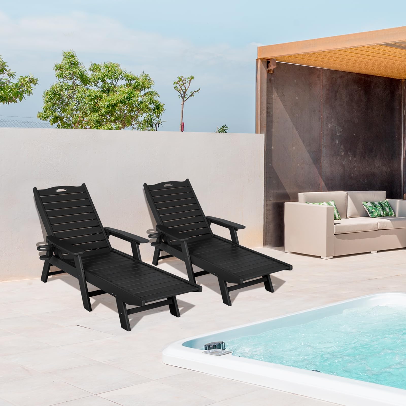 **2-Piece Nalone Outdoor Chaise Lounge Set - 5-Position Adjustable Backrest, Heavy-Duty HDPE Lounge Chairs Supports 400 LBS - Perfect for Patio, Poolside, Deck, Beach & Backyard (Black)**    *Use Cases: Relaxing by the pool, sunbathing at the beach, lounging on the patio, or enjoying backyard gatherings.*