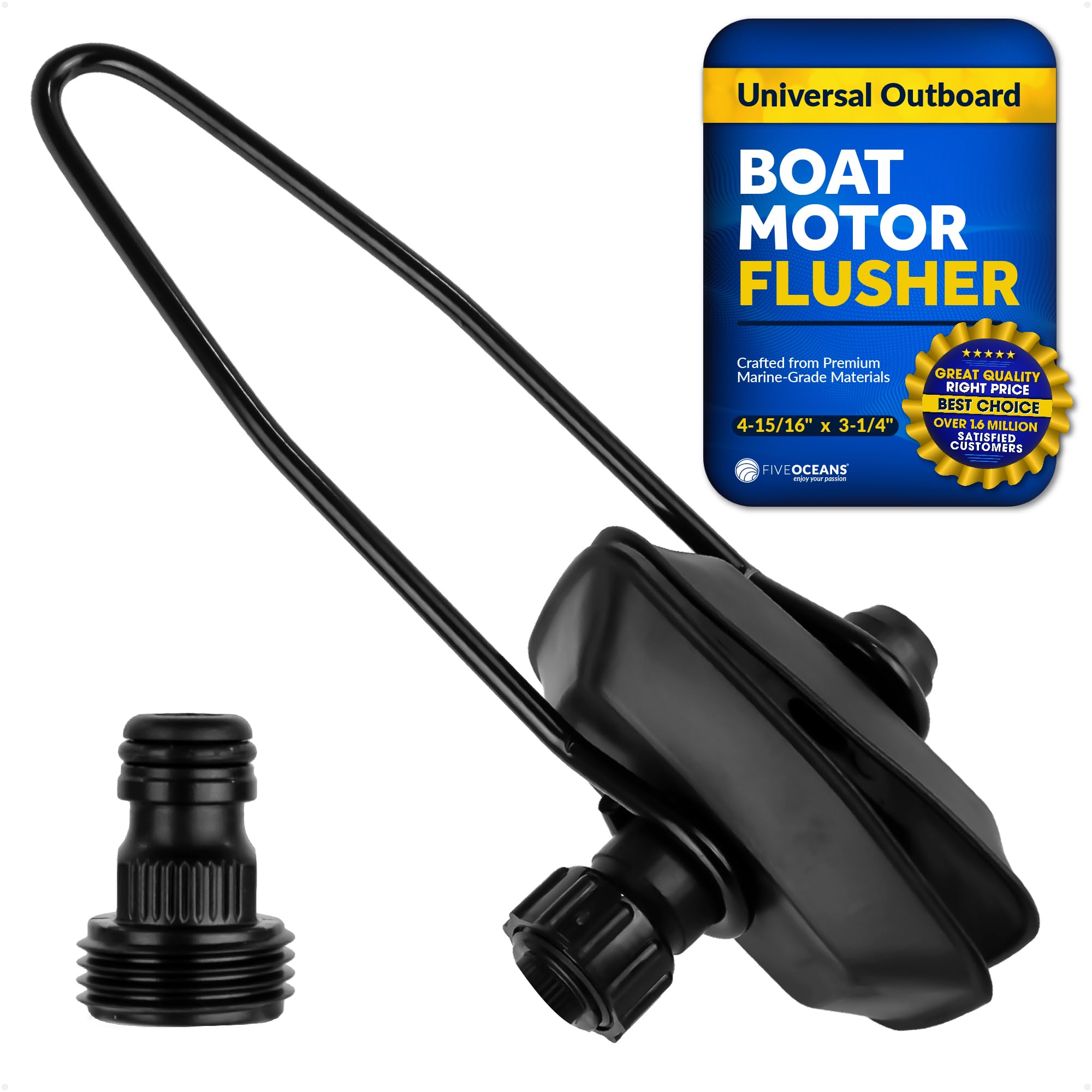 Five Oceans Outboard Motor Muffs - Marine Grade Boat Engine Flusher with Black PVC & Coated Steel Bracket, Includes Hose Connector & Quick Connect Adapter - Perfect for Flushing Saltwater, Winterizing & Maintenance of Outboard Motors