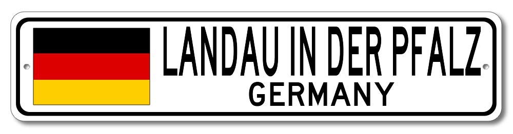 Landau In Der Pfalz Germany Metal Street Sign - 4x18 Inch German Flag Wall Decor for Bars, Pubs & Man Caves - Personalized City Sign for Home, Office & Gift Giving