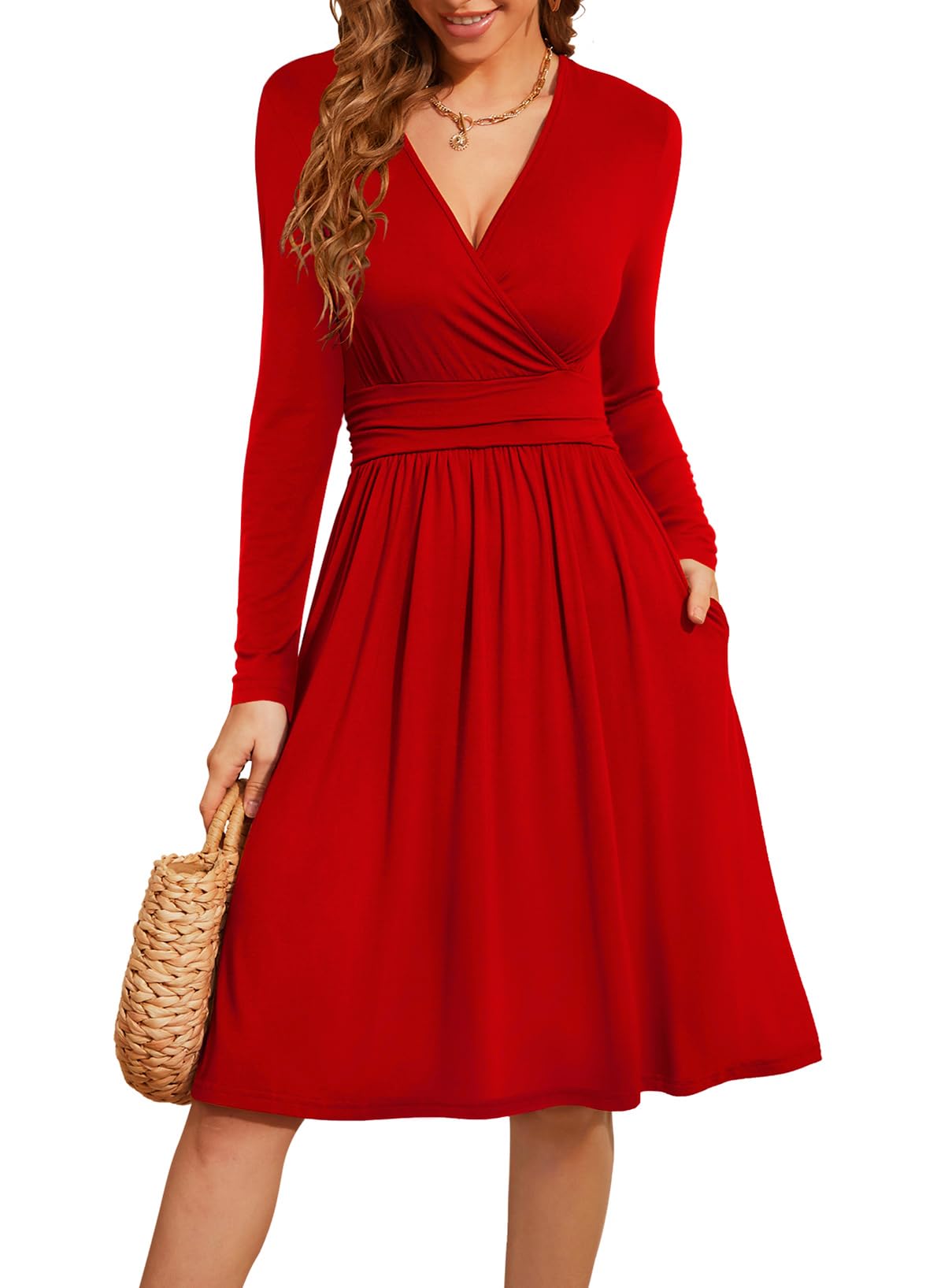 WEACZZY Women's 2025 Fall Long Sleeve V-Neck Casual Dress with Pockets - Semi Formal Party Wear for Office, Date Night & Holiday Gatherings