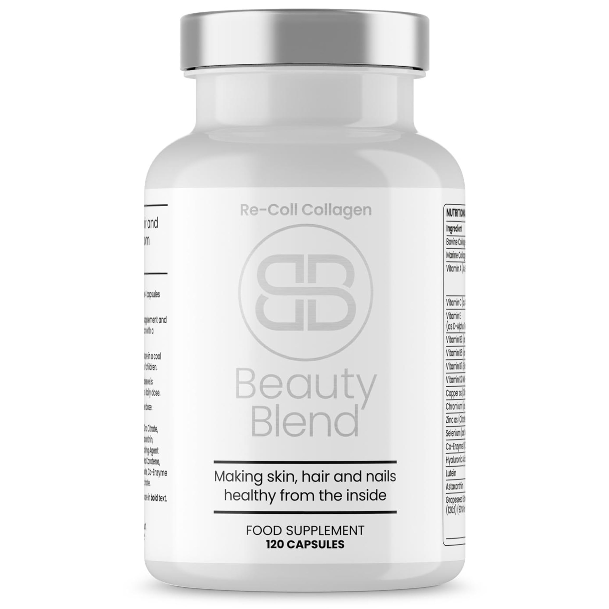 Re-Coll Bovine and Marine Collagen Capsules - 1200mg High Strength Collagen Supplement for Skin, Hair & Joint Support - 120 Capsules (30 Day Supply) - Easy to Swallow Pills for Women & Men - Anti-Aging Beauty & Wellness Supplement for Daily Use at Home, Work or Travel