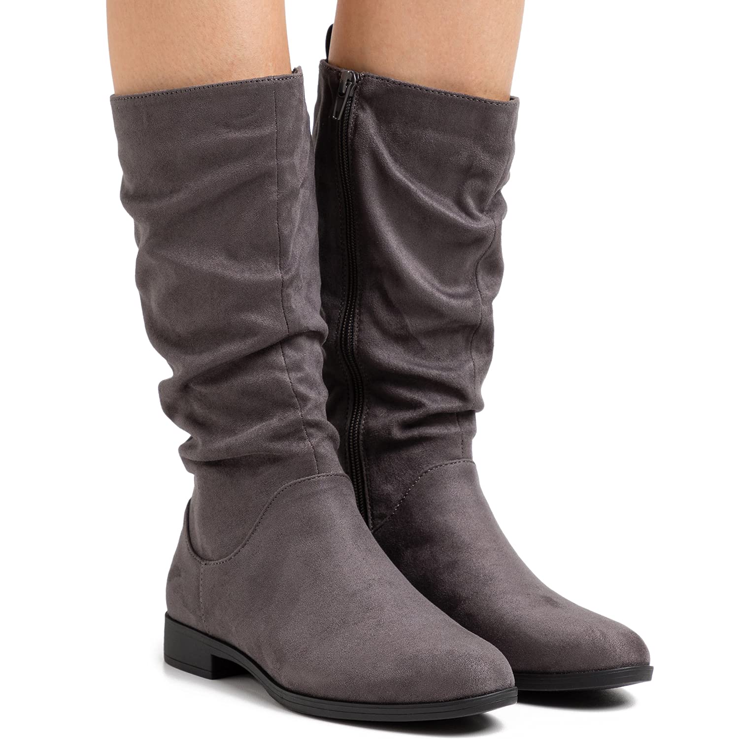 MOOMMO Women's Suede Mid Calf Slouch Boots - Flat Heel Winter Boots with Side Zipper, Round Toe & Wide Calf Design (US 4-13) | Retro Casual Comfy Boots for Everyday Wear, Office & Winter Outfits