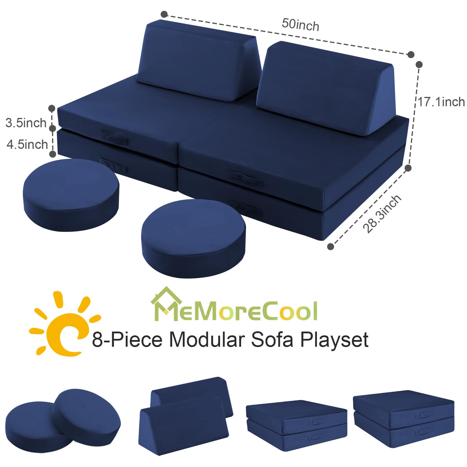 MeMoreCool Modular Kids Play Couch - Navy Blue Foam Sofa for Toddlers & Children | Playroom Furniture for Building Forts, Reading Nook & Indoor Playtime