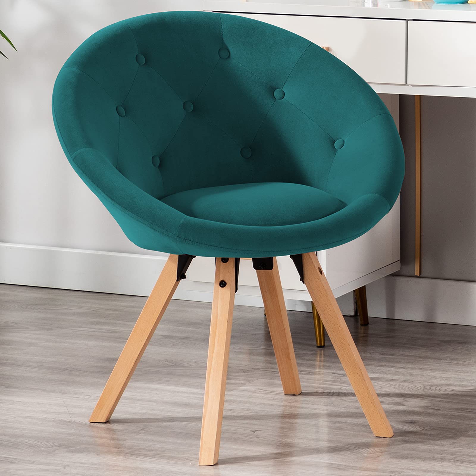 Modern Velvet Upholstered Accent Chair - Mid Century Office Desk Chair, Makeup Vanity Stool Without Wheels in Atrovirens Green | Perfect for Home Office, Dressing Room & Small Spaces