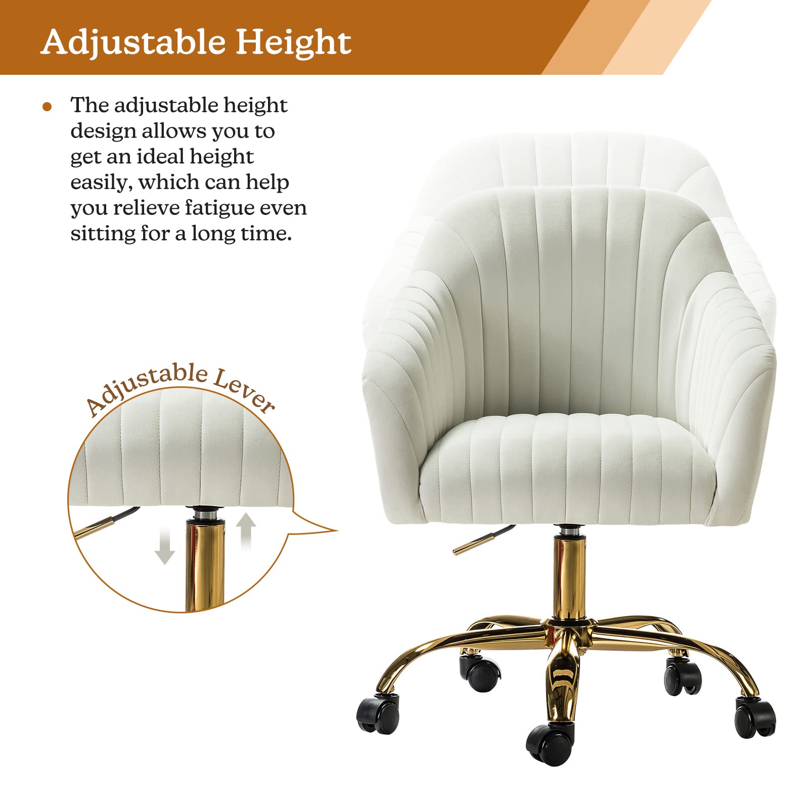 HULALA HOME Velvet Office Chair - Modern Adjustable Swivel Desk Chair with Wheels, Ergonomic Computer Task Chair for Women & Girls, Gold Base & Ivory Upholstery - Perfect for Home Office, Gaming & Study