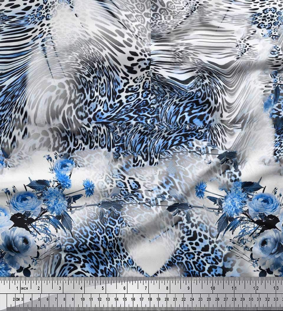 Soimoi Velvet Blue Fabric by the Yard - 58 Inch Wide - Rose Floral & Leopard Safari Animal Print Fabric for Upholstery, Drapes & DIY Fashion Projects - Safari Chic Home Decor & Clothing Material