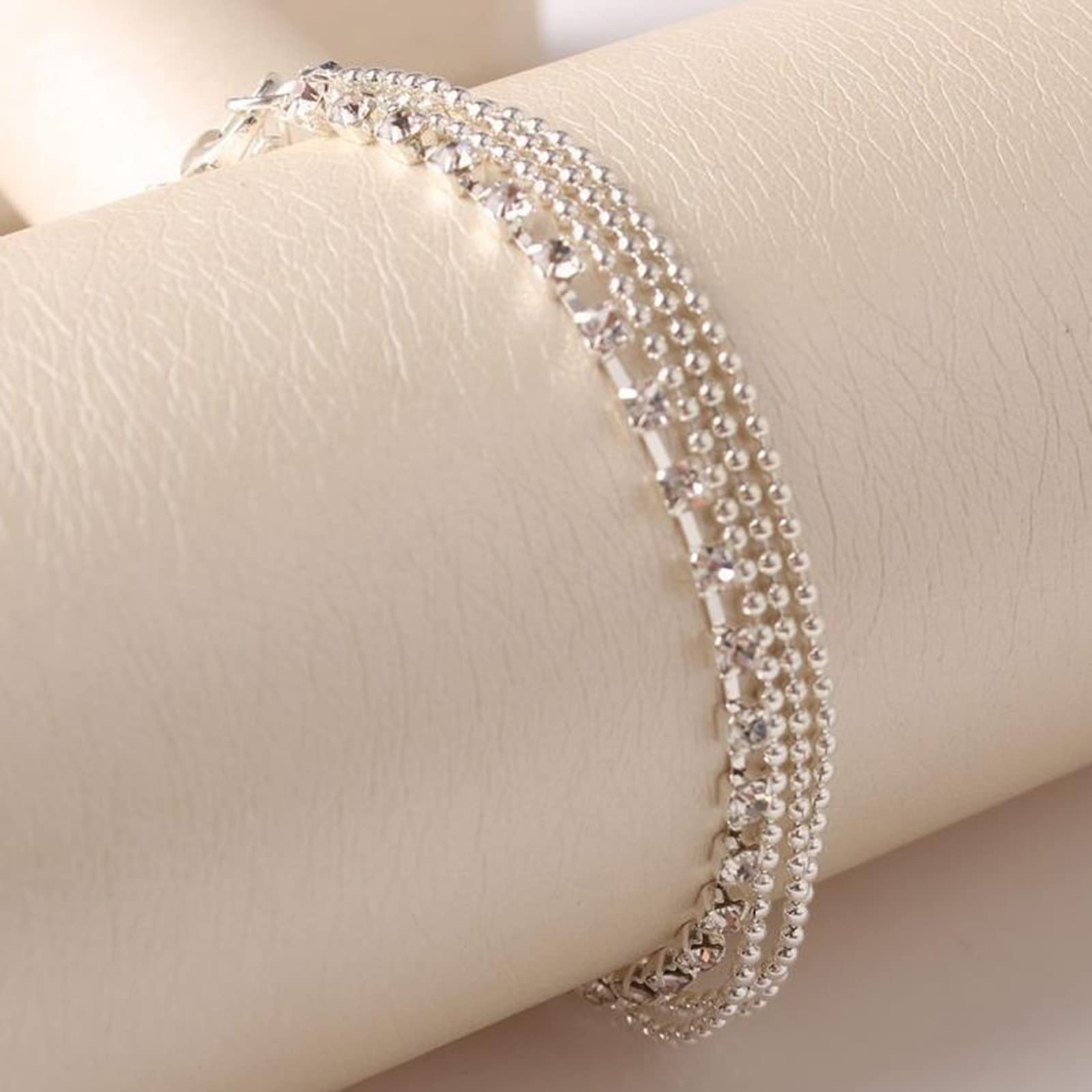 Boho Layered Rhinestone Anklet - Silver Diamond Crystal Ankle Bracelet for Women | Summer Wedding, Beach Party, Boho Festival Jewelry | Barefoot Sandals & Beaded Foot Chain Accessories