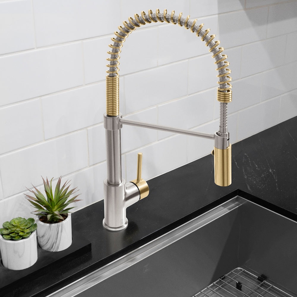 ZLINE Autograph Edition Sierra Pull Down Spring Single Handle Kitchen Faucet - Brushed Nickel & Champagne Bronze Finish - Perfect for Modern Farmhouse & Commercial Style Kitchens (SRA KF ZBNCB)