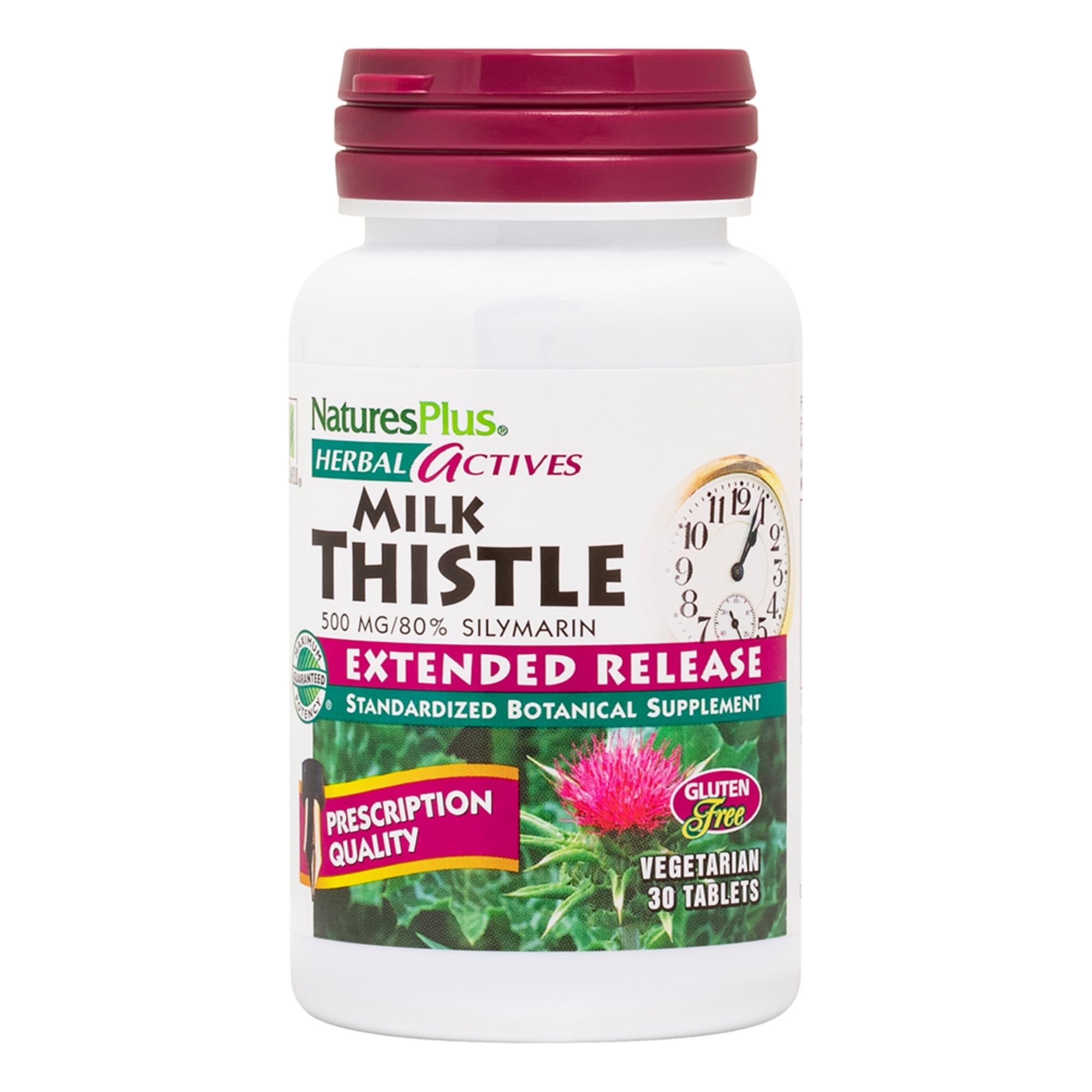 Natures Plus Herbal Actives Milk Thistle Extract 500mg - 80% Silymarin, 30 Vegetarian Tablets, Extended Release, Gluten-Free - Supports Liver Health & Detox - Perfect for Daily Wellness Routine