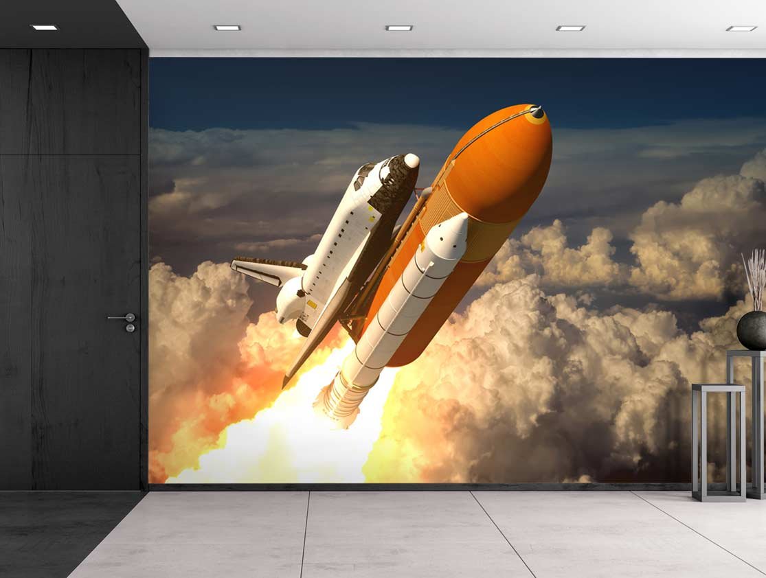 Wall26 - Rocket Ship Blasting Off into Space Wall Mural - 66x96 Inches - Removable Peel & Stick Wallpaper - Modern Home & Office Decor for Kids Room, Nursery, Game Room, Living Room