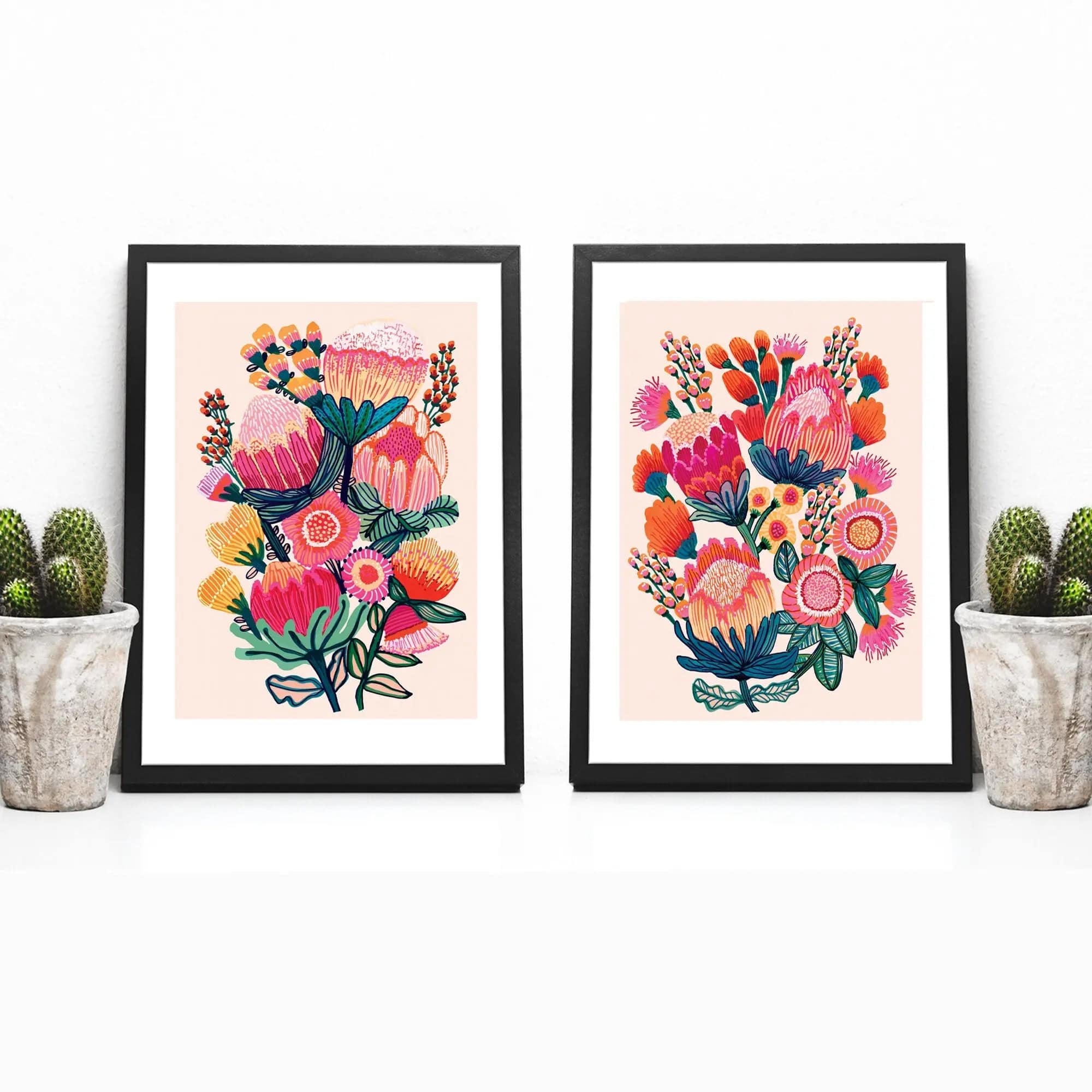 Australian Native Flowers Wall Art Prints - Set of 3 Framed Botanical Paintings for Living Room, Bedroom & Office Decor