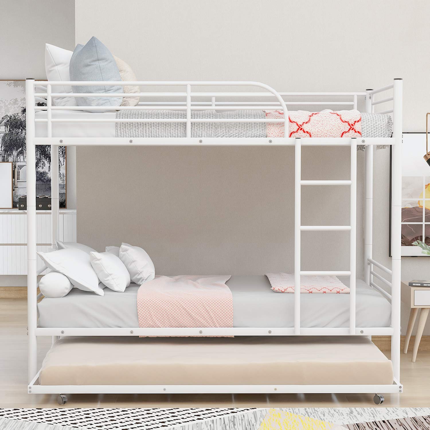 Harper & Bright Designs Twin Over Twin Metal Bunk Bed with Trundle, Ladder & Safety Rail - Space-Saving Kids Bunk Bed Frame for Small Rooms, Guest Rooms & Sleepovers (White, Twin/Twin with Trundle)
