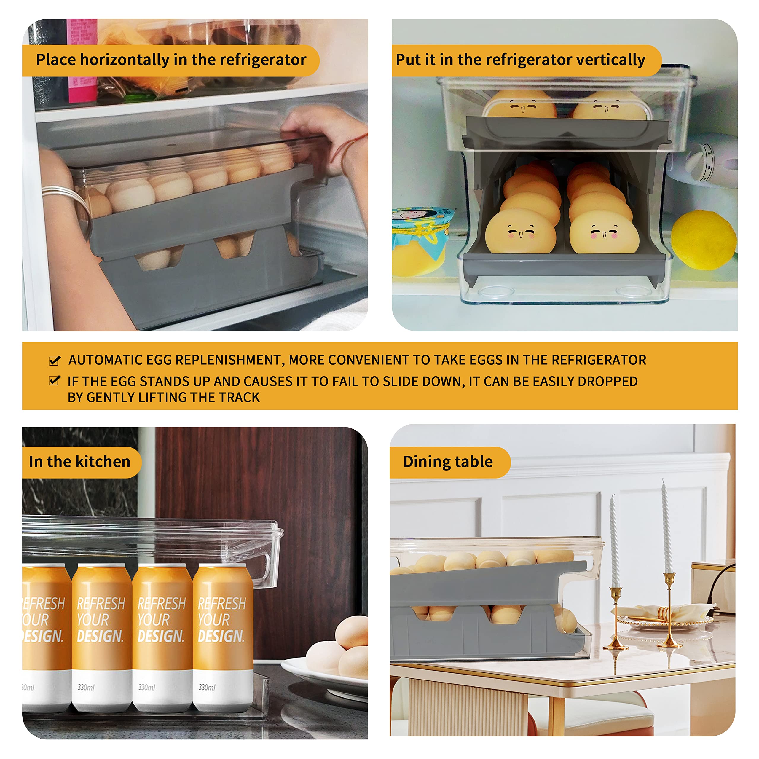 24-Count Automatic Rolling Egg Holder for Refrigerator - Space Saving Egg Dispenser & Storage Container - Kitchen Pantry Organization for Eggs - Perfect for Home, Restaurant, and Commercial Use (Gray)