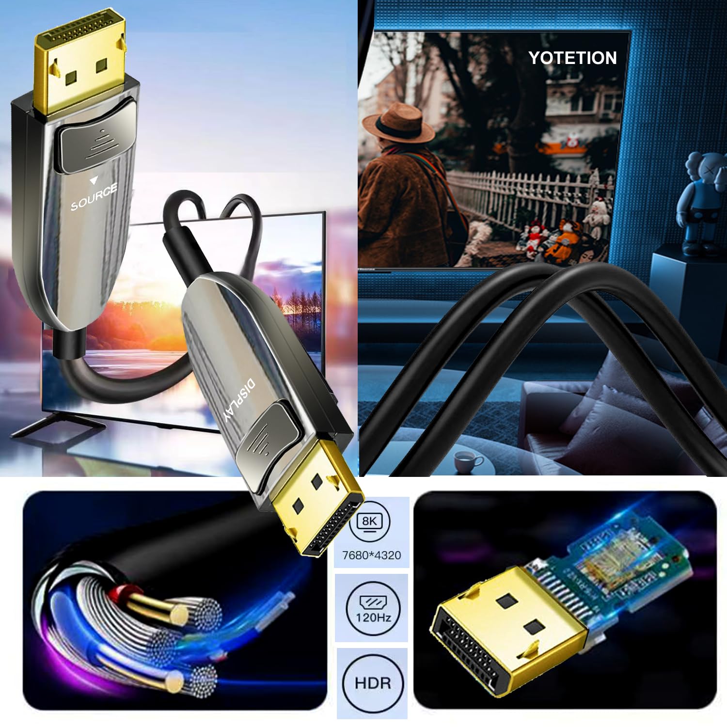 8K Fiber Optic DisplayPort Cable 125FT - 32.4Gbps DP to DP Cable 1.4 Supports 8K@60Hz, 4K@240Hz, 2K@240Hz for Gaming Monitors, Graphics Cards, PC - Ultra HD Gaming & Professional Video Editing
