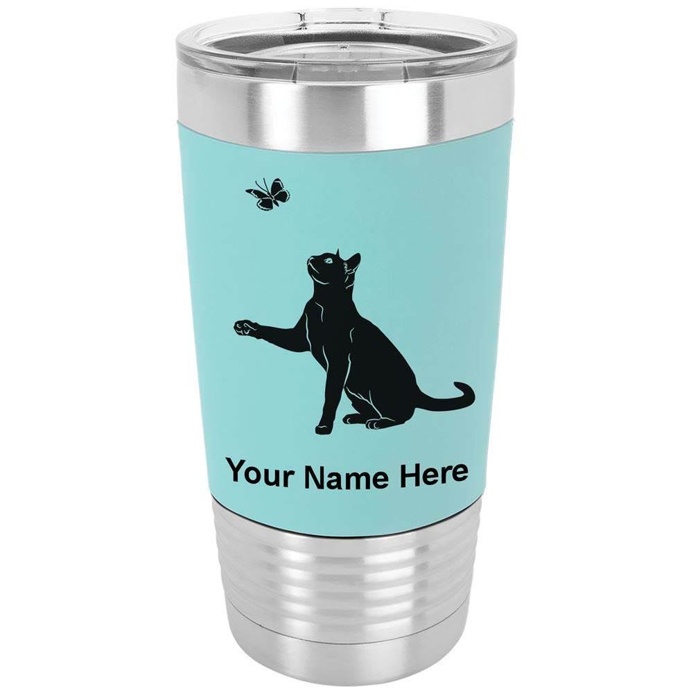 LaserGram 20oz Vacuum Insulated Stainless Steel Tumbler Mug with Silicone Grip - Personalized Engraving Cat with Butterfly Design - Leakproof Travel Coffee Cup for Office, Gym & Outdoor Activities (Teal)