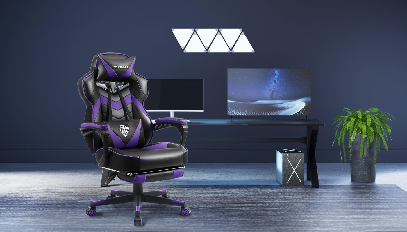 Vonesse Ergonomic Gaming Chair with Adjustable Footrest - Big & Tall Computer Chair for Adults, High Back Support with Massage & Reclining Features - Purple/Black Gaming Seat for Office, Streaming & Esports