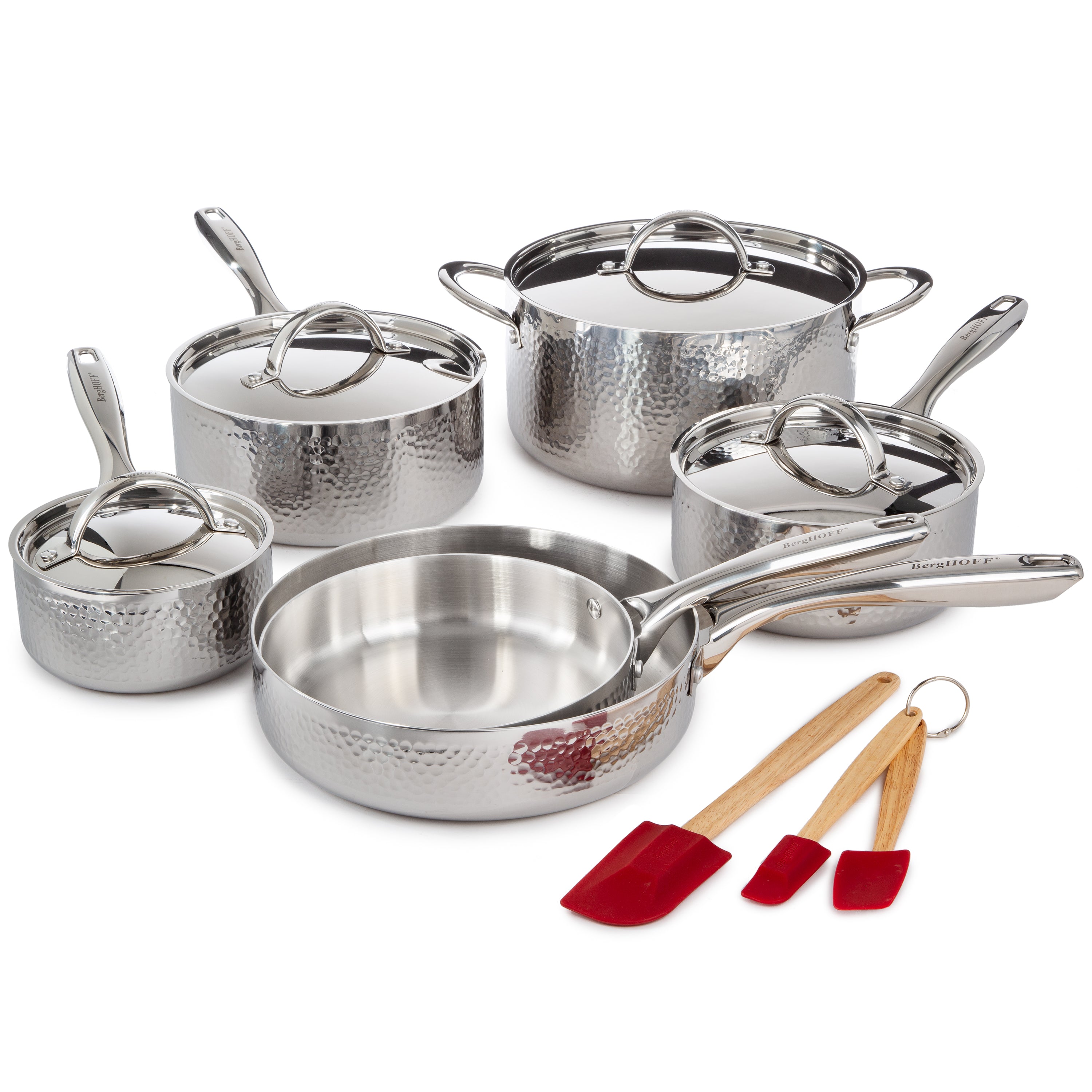 BergHOFF Vintage 13-Piece Tri-Ply 18/10 Stainless Steel Cookware Set with Spatulas & Hammered SS Lids - Premium Kitchen Cookware for Home Chefs & Professional Cooking
