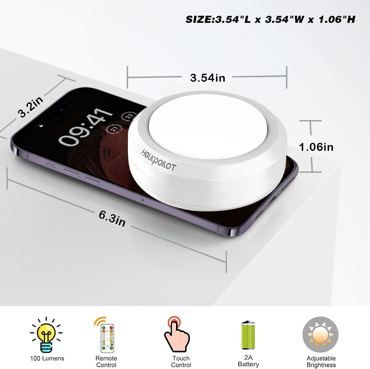 HOLKPOILOT 6-Pack Puck Lights with Remote Control - Battery Operated Under Cabinet Lighting for Kitchen, Counter, Ceiling & Closet - Stick-On White LED Puck Lights for Home Decor & Task Lighting