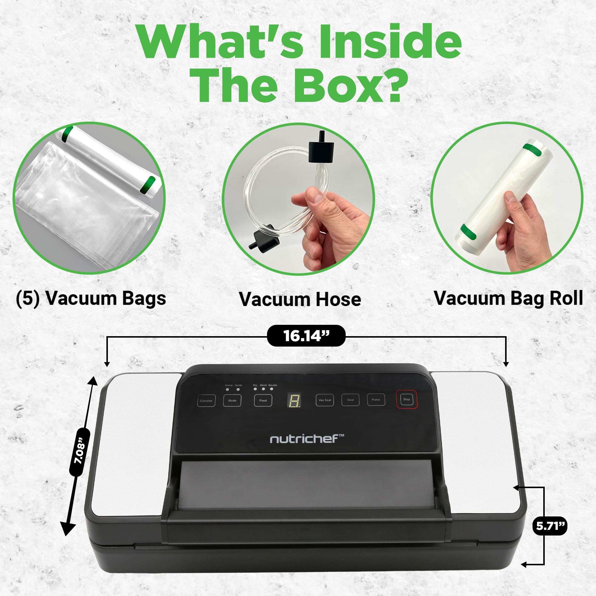 NutriChef 80Kpa Powerful Vacuum Sealer Machine for Food Preservation - Dry, Moist & Pulse Modes with Dual Seal Technology | Built-in Roll Storage & Cutter | Includes Canister Hose & Bags | Perfect for Meal Prep, Sous Vide, Freezing & Long-Term Food Storage
